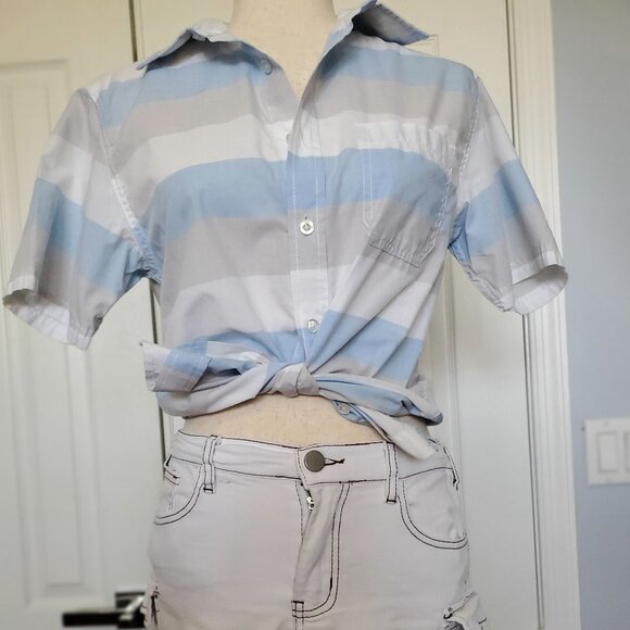 Striped Collared Button Down Blue White Lt Gray  Jrs XL/Womens S - Picture 1 of 14